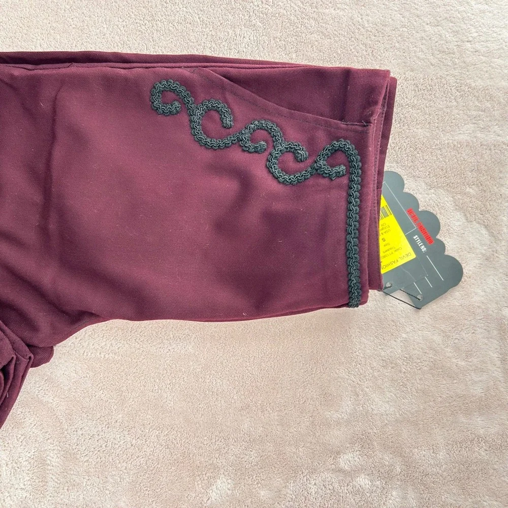 Devil Fashion Mens Burgundy Gothic Victorian Braided Scrollwork Trousers Pants